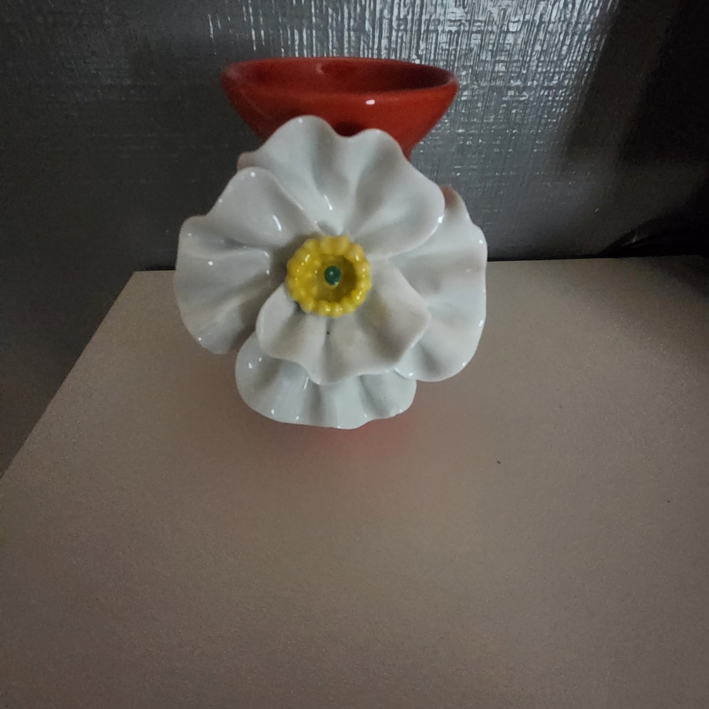 Anthropologie Red Vase with White Flower Accent